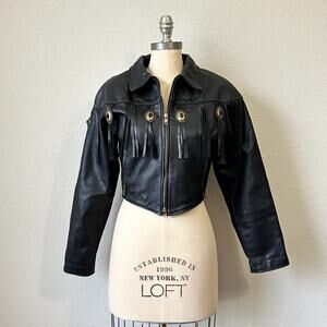 VTG PROTECH LEATHER APPAREL Fringe Jacket Womens Sz 8 Black Embossed Western 80s